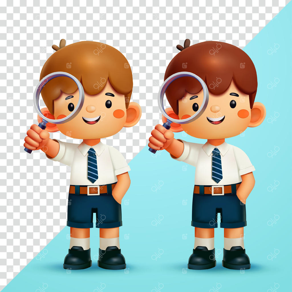 پسر مدرسه‌ای در حال نگاه کردن با ذره‌بین - مناسب برای آموزش و عناصر طراحی سه‌بعدی