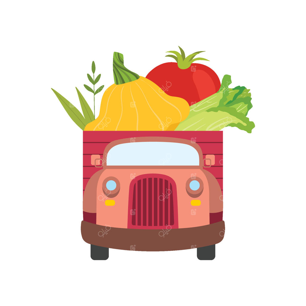 کامیون بامزه با کدو، گوجه‌فرنگی و کاهوی چینی تازه، نمای جلو، تحویل مواد غذایی، حمل سبزیجات باغچه - تصویرسازی