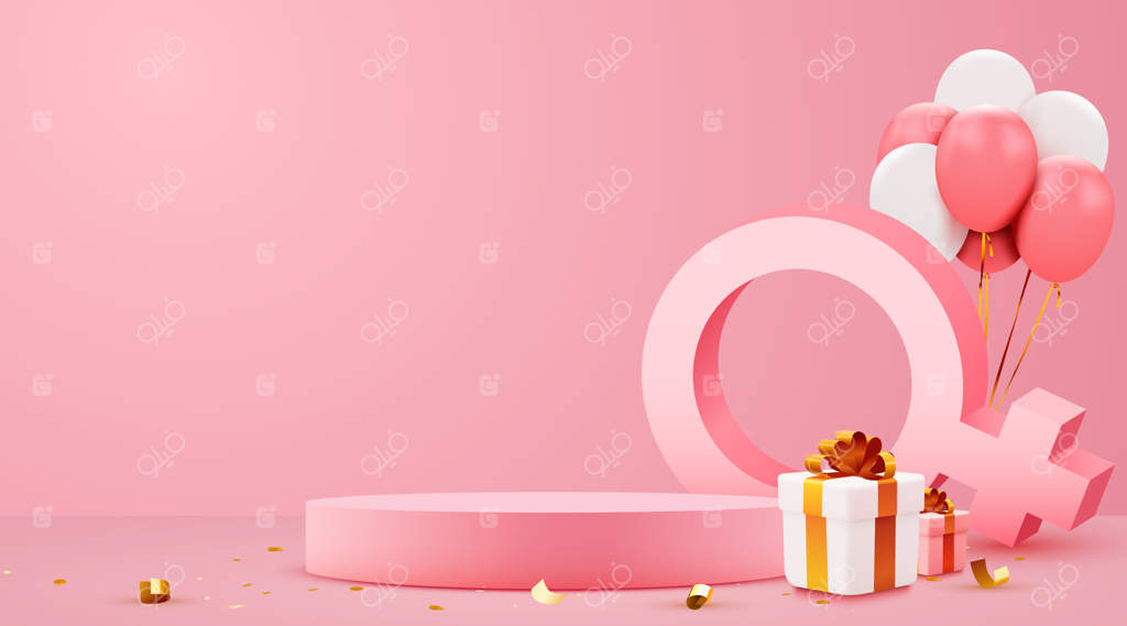 بنر روز زنان برای نمایش محصول - پایه یا پودیوم صورتی با نماد زن روی پس‌زمینه صورتی