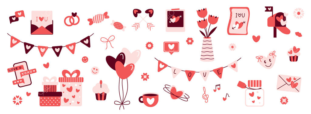 مجموعه آیکون‌های روز ولنتاین. تصاویر دست‌کشیده و بامزه با تم عشق بر روی زمینه شفاف. قلب‌ها، شیشه، قاب عکس، جعبه هدیه، نامه، پیکان‌ها، پیام و حلقه‌ها. عناصر 14 فوریه