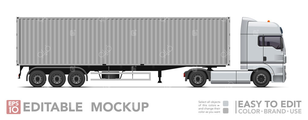 کامیون قابل ویرایش: تراکتور واقع‌گرایانه و تریلر کانتینری روی پس‌زمینه سفید.