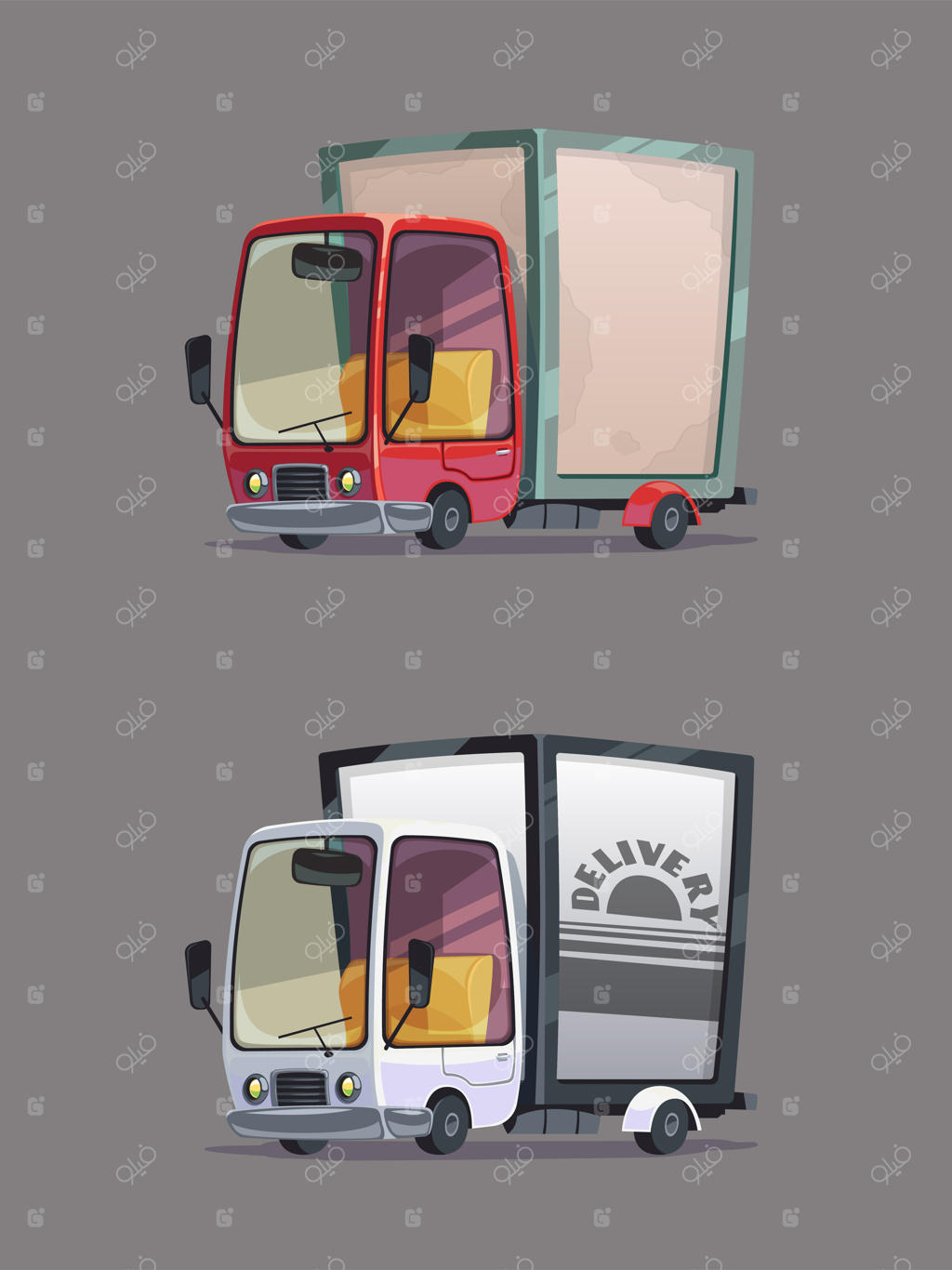 کامیون تحویل بار در حرکت: مجموعه‌ای از خودروهای کلاسیک در سبک کارتونی.