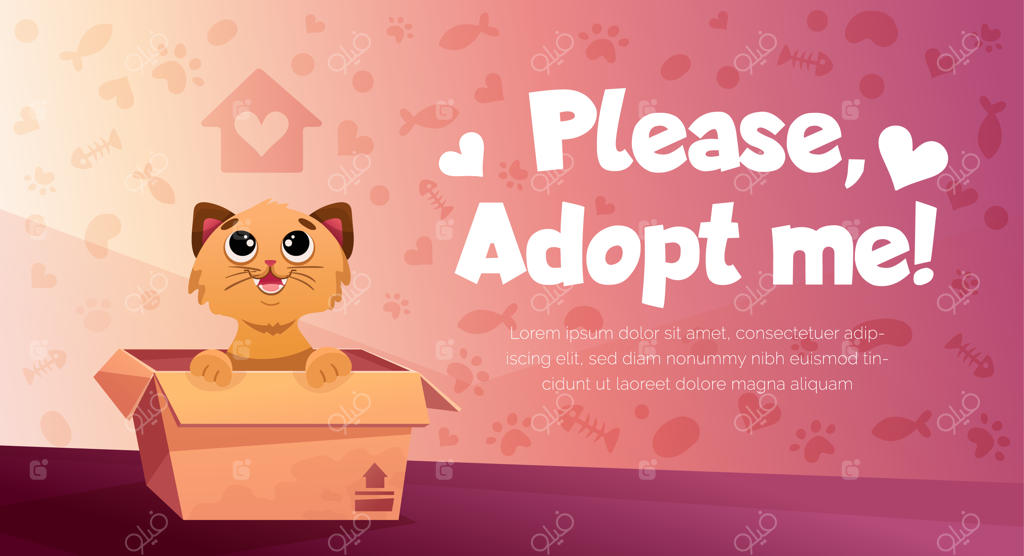 پوستر من را بپذیرید با گربه بامزه درون جعبه مقوایی - قالب بنر رنگارنگ وکتور