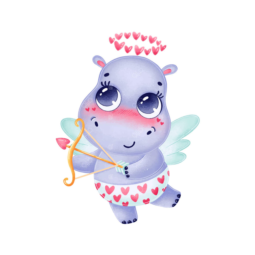 تصویر بامزه کارتونی روز ولنتاین: اسب آبی کیوپید با بال‌ها در پس‌زمینه سفید