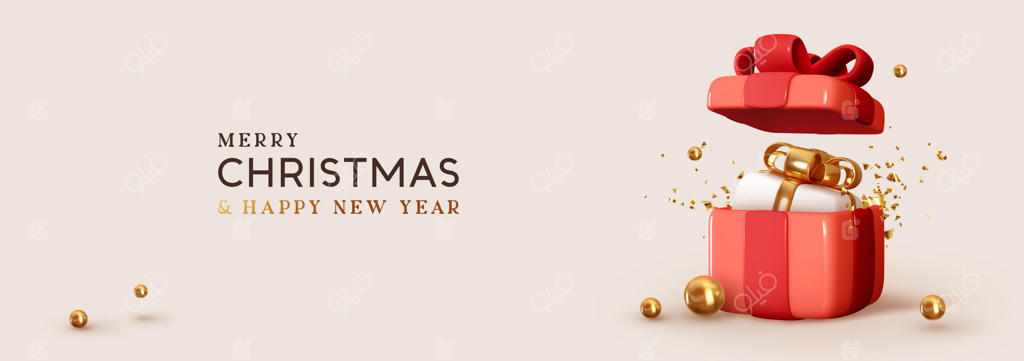 جعبه هدیه کریسمس با طراحی سه‌بعدی واقعی و سورپرایز داخل آن، با اکلیل طلایی. پس‌زمینه سال نو و کریسمس. جعبه‌های هدیه برای تولد. بنر تعطیلات، پوستر وب، سربرگ سایت.