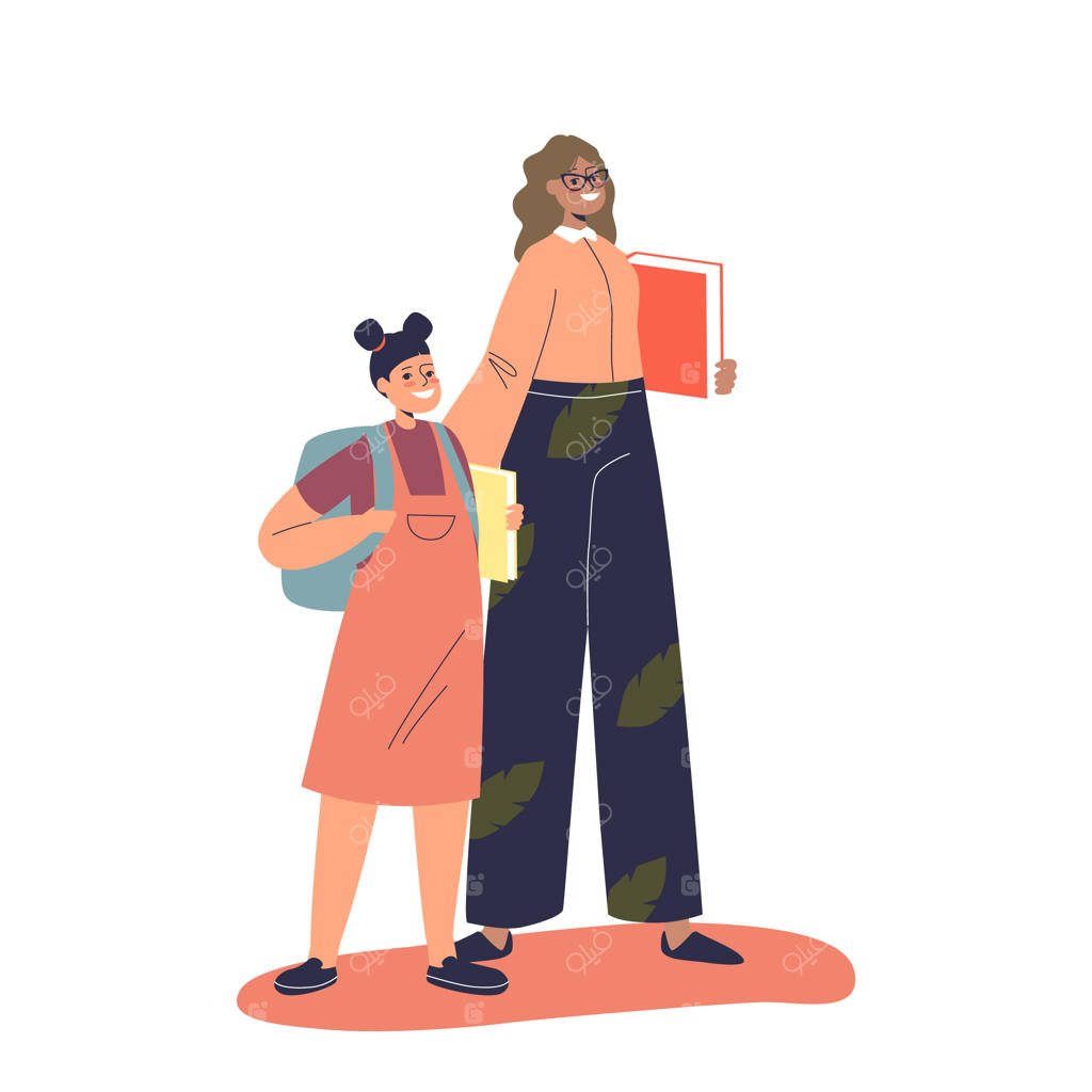 دختر دانش‌آموز خندان دست در دست معلم؛ آموزگار شاد و شاگرد نوجوان با کوله‌پشتی