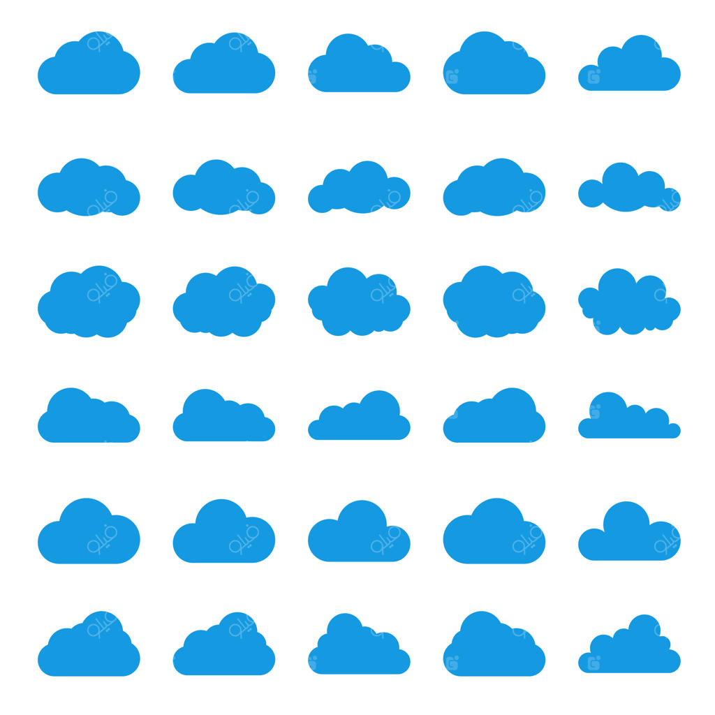 مجموعه آیکون وکتور ابر مشکی در پس‌زمینه سفید، تصویرسازی تخت آسمان و نمادهای آب‌وهوا برای طراحی وب و اپلیکیشن