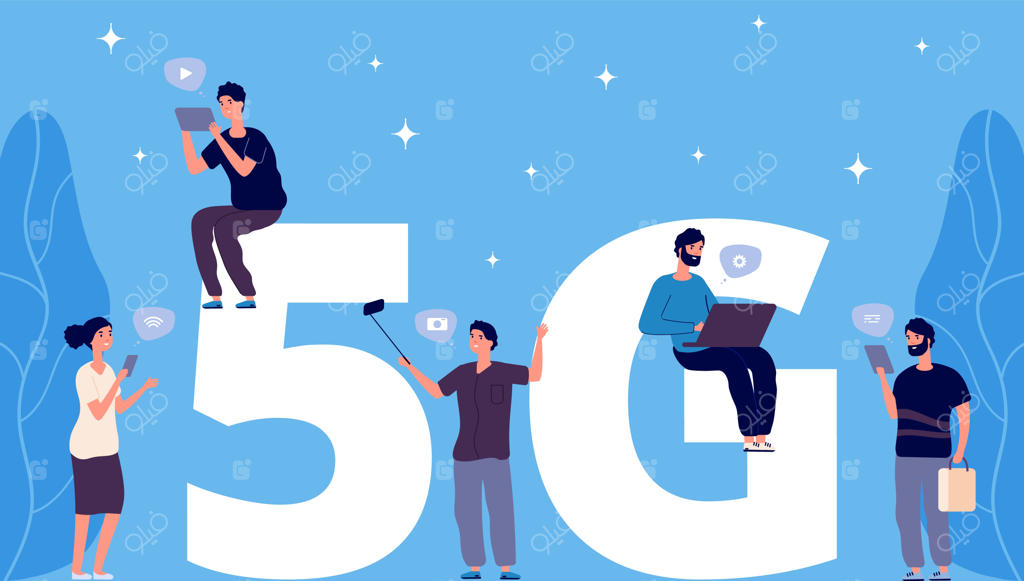 آدم‌های کوچک با تلفن همراه و لپ‌تاپ روی حروف 5G