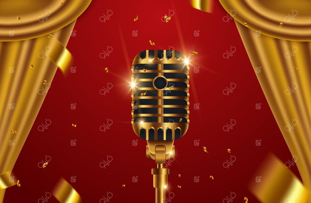 میکروفون طلایی با پرده‌ها در پس‌زمینه صحنه قرمز