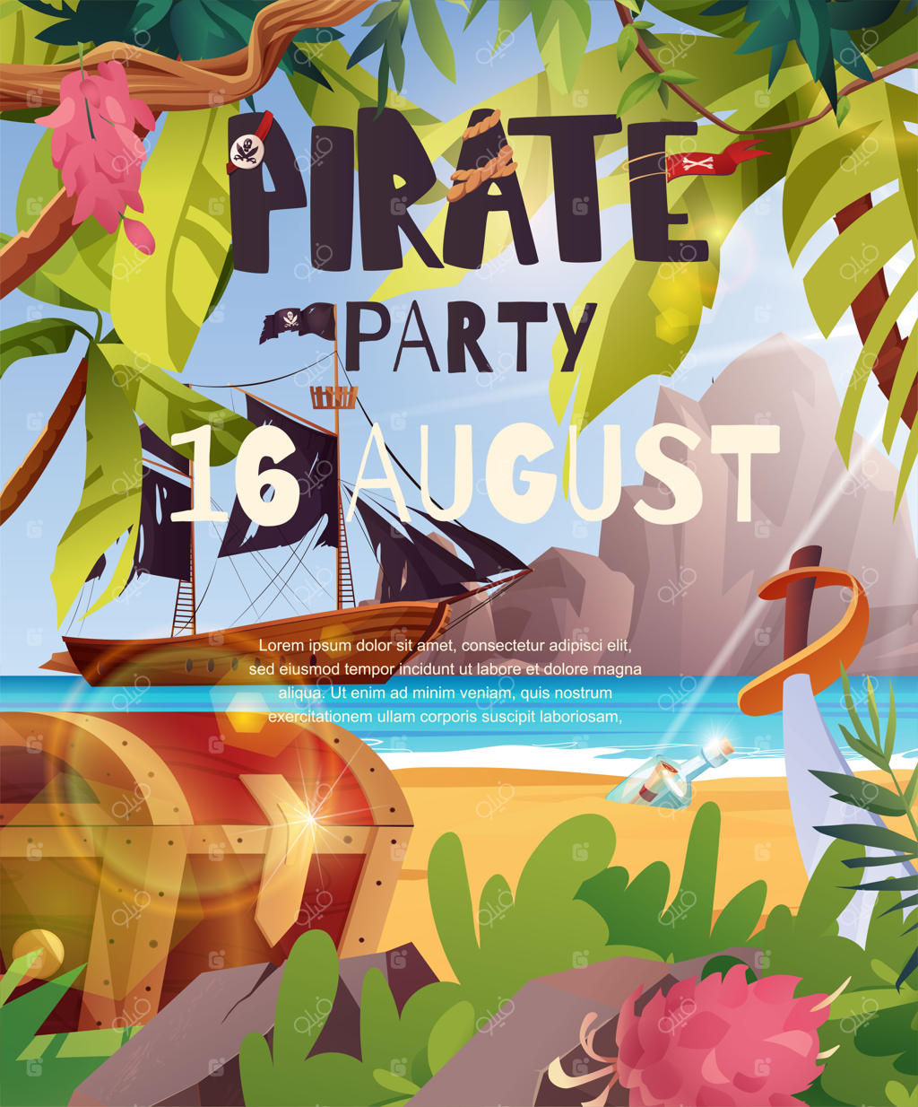 پوستر دعوت به مهمانی دزدان دریایی - کشتی دزدان دریایی با پرچم‌های سیاه