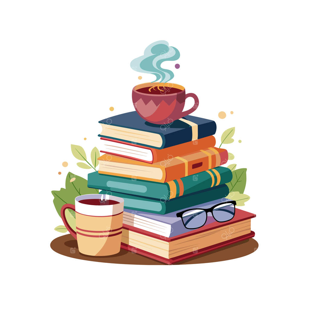 یک فنجان قهوه و یک دسته کتاب با یک فنجان چای روی آن‌ها