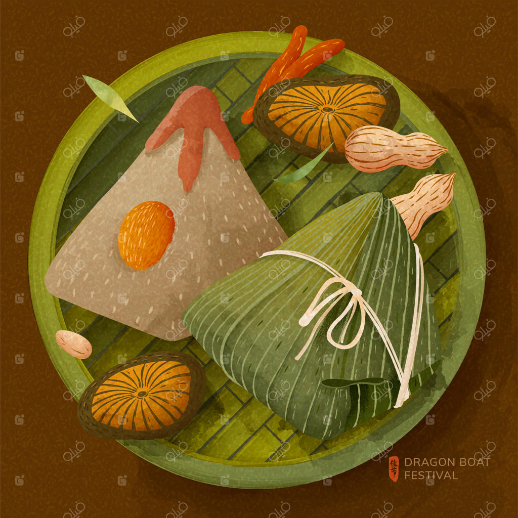 کوفته برنجی خوشمزه در سبد بامبو برای جشنواره قایق اژدها، نوشته شده به چینی