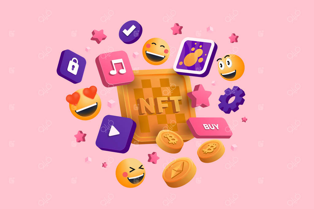 معامله سکه‌های کریپتو، توکن‌های غیرقابل تعویض NFT برای هنر دیجیتال بر پایه اتریوم: فناوری بلاکچین و تحول بازار کلکسیون‌ها با تصویرسازی سه‌بعدی وکتور