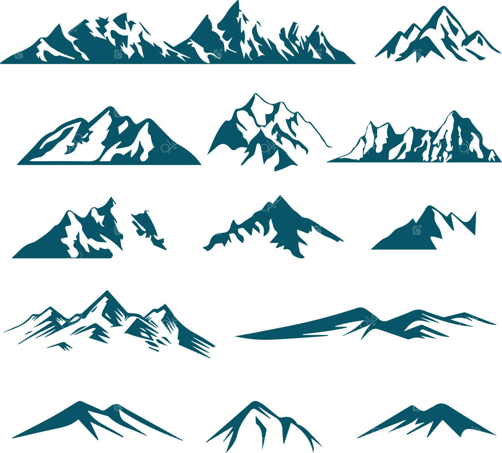 مجموعه آیکون و سیلوئت‌های کوهستان در پس‌زمینه سفید