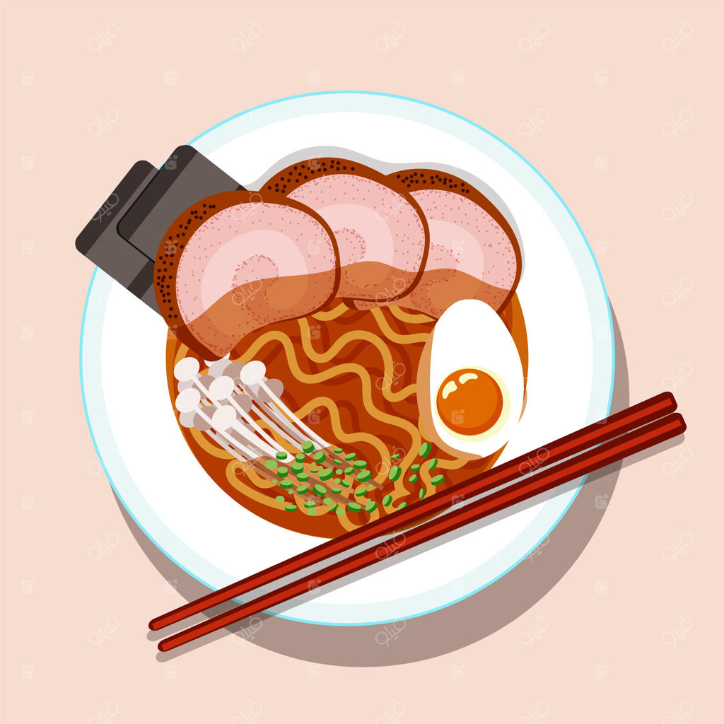 غذای آسیایی: سوپ نودل ژاپنی با تخم مرغ و بیکن