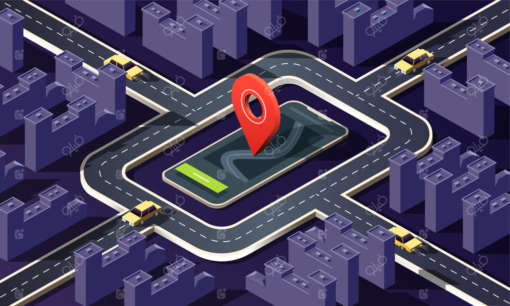 شهر ایزومتریک با ساختمان‌ها، خیابان‌ها، جاده‌ها، ماشین‌ها و نشانگر مکان در پس‌زمینه‌ تیره.