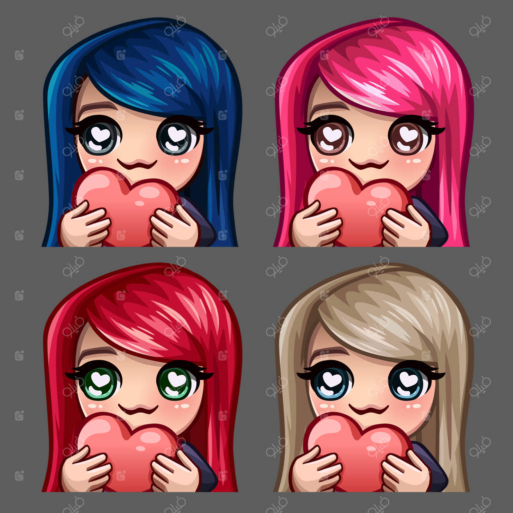نمادهای احساسی زن خوشحال با قلب و موهای بلند برای شبکه‌های اجتماعی و استیکرها
