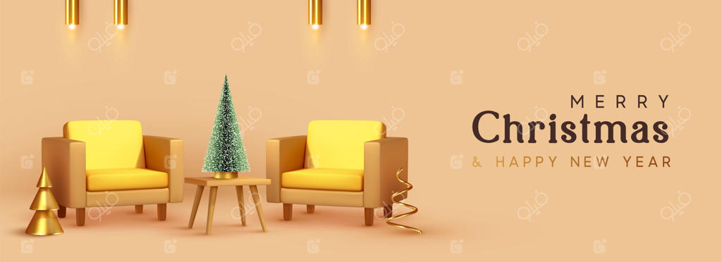 دکوراسیون داخلی کریسمس با اشیاء سه‌بعدی واقع‌گرا، در رنگ‌های بژ و طلایی. بنر افقی کریسمس، پوستر وب، کارت تبریک و سربرگ برای وبسایت. تصویرسازی وکتور