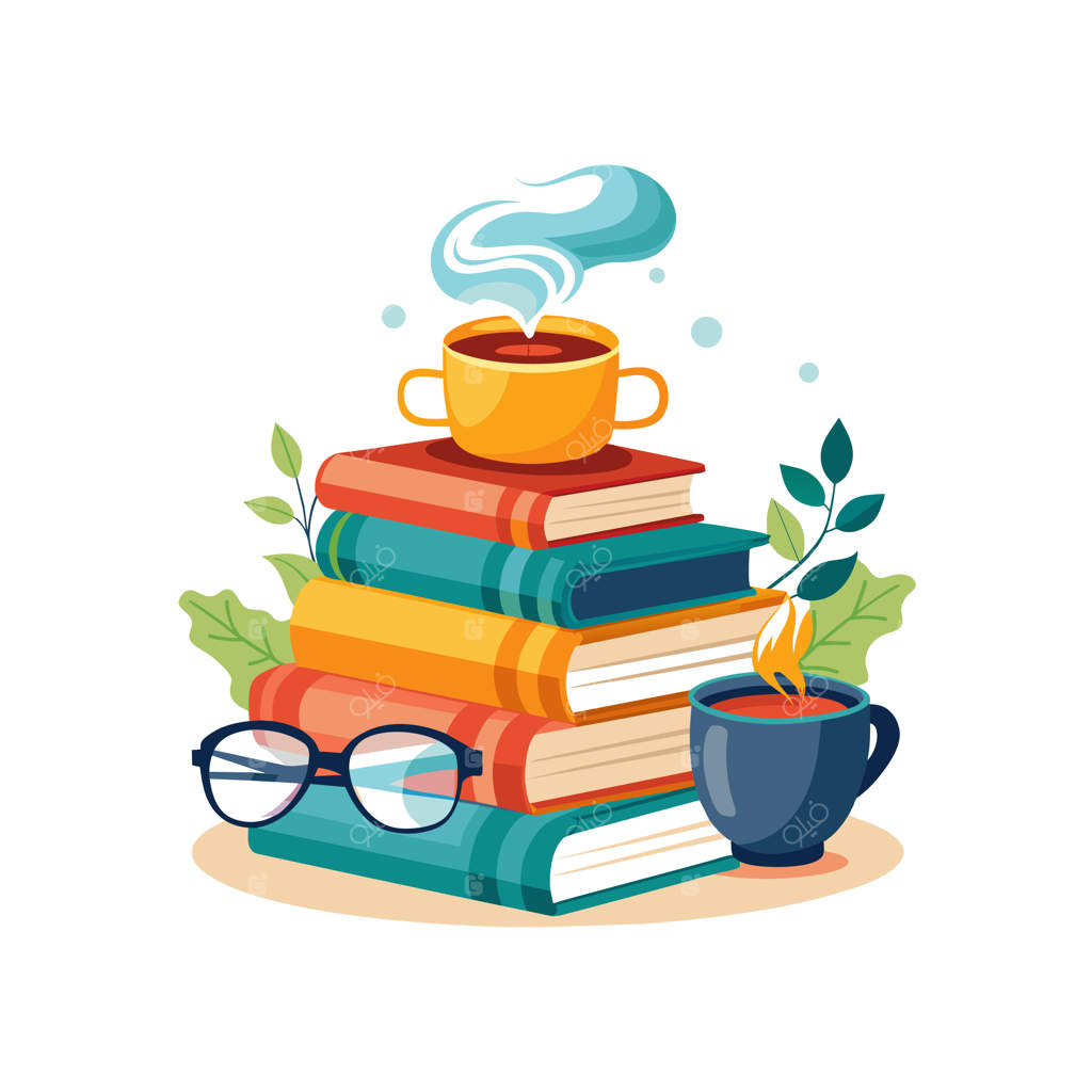 یک توده کتاب با یک فنجان قهوه و یک فنجان قهوه دیگر