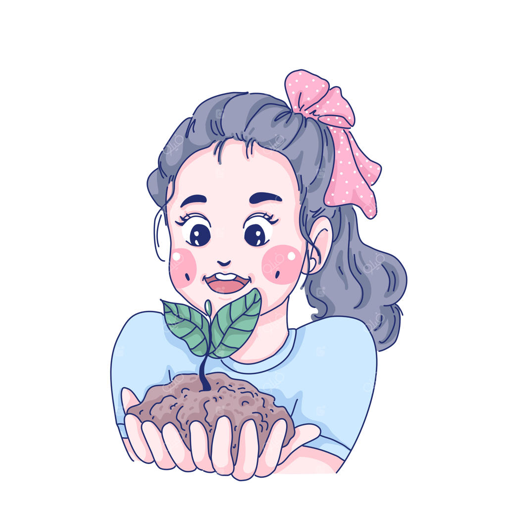 تصویر شخصیت کارتونی دختری با گیاه در دست