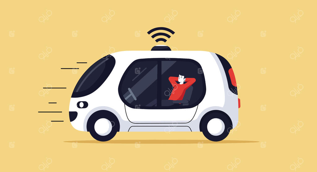 مردی در حال استراحت در خودروی خودران آینده‌نگر.