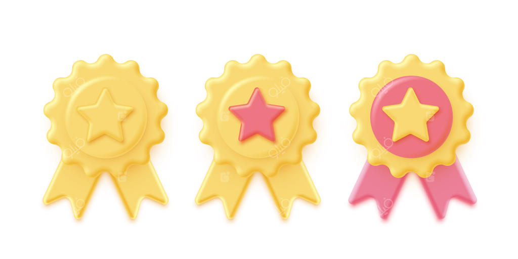 تمبر سه‌بعدی زرد و صورتی با روبان‌ها و ستاره‌، مهر طلایی لوکس روی زمینه سفید