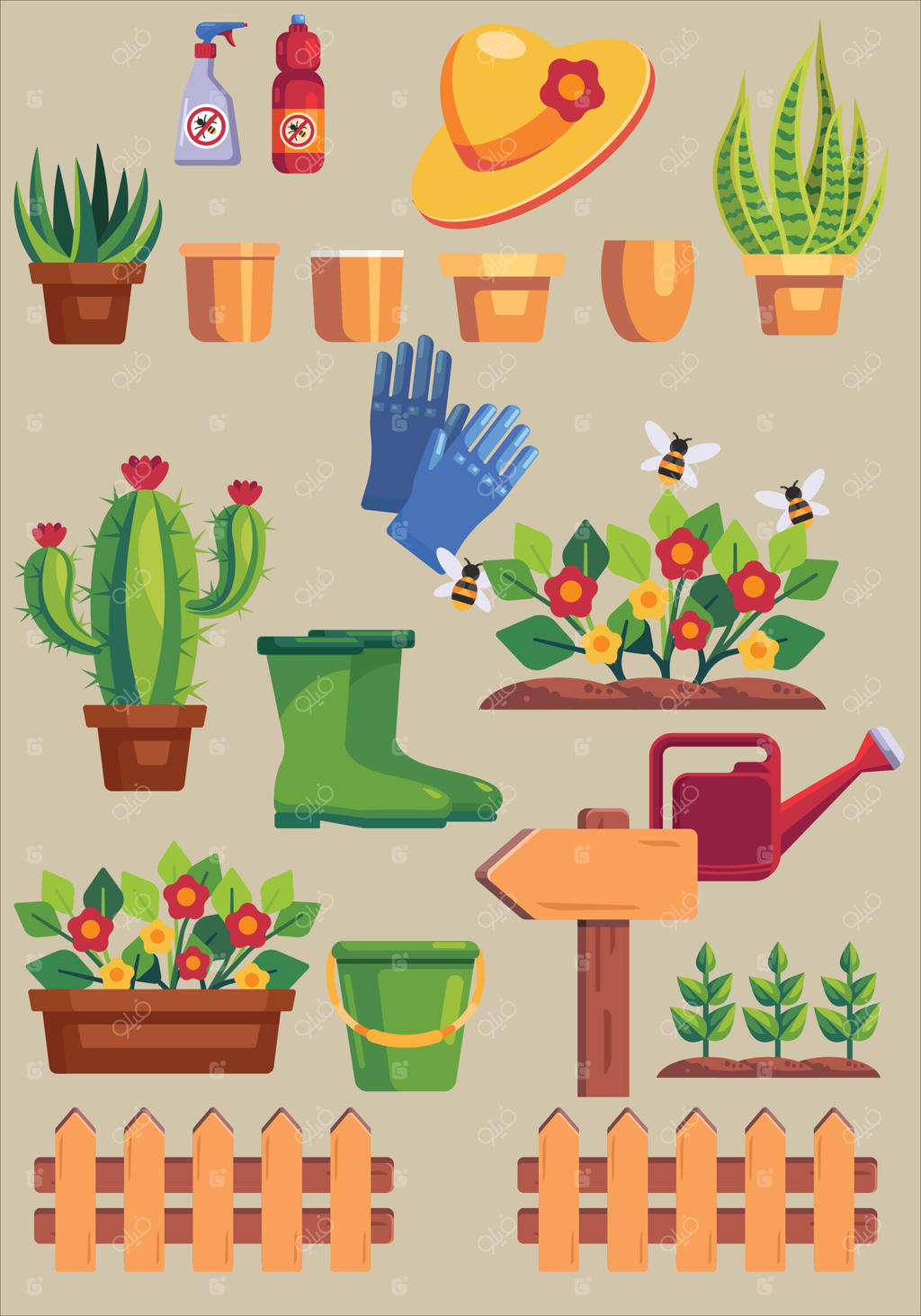 اشیاء باغبانی تابستانی در حیاط بهاری، مجموعه وکتور گیاهان، گلدان‌ها، بوته‌ها، نرده‌ها، نشاهای سبز، چکمه‌ها، آبپاش‌ها. آیکن باغ بهاری