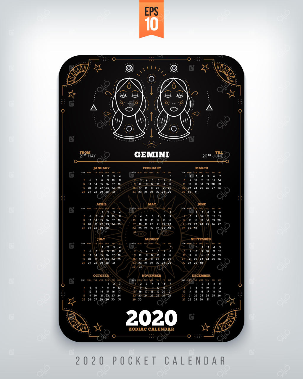 طرح مفهومی تقویم سالانه برج دلو با طراحی عمودی و اندازه جیبی در رنگ مشکی