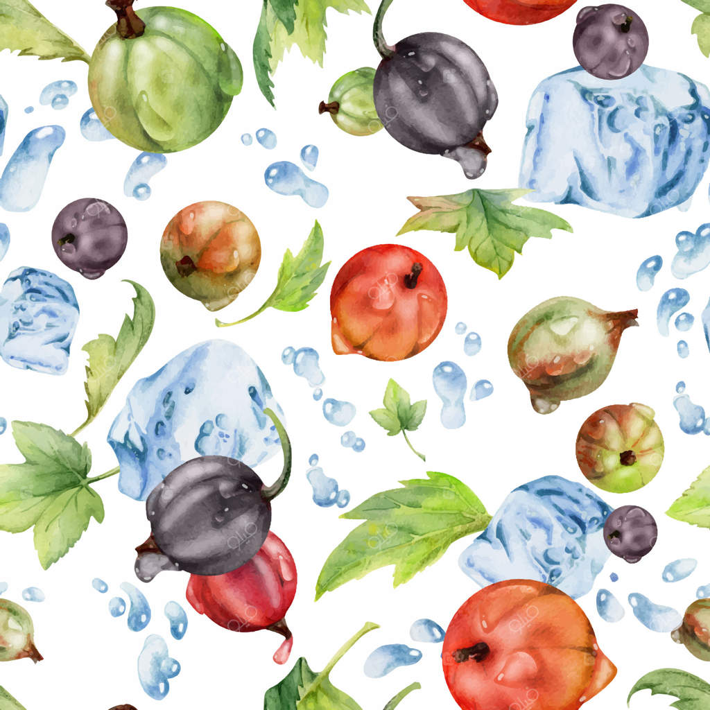 انگور و گو اسب در حال پرواز در ترشح آب با برگ‌های سبز، تکه‌های یخ، قطرات شبنم، چهره‌نهایی باغ تابستانی و یاستای کشیده. پترن یکدست جدا در آبرنگ. نوشیدنی‌های دست‌ساز، مواد غذایی.