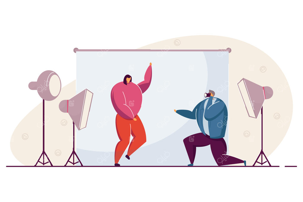 تصویرسازی وکتور فلت از زن در جلسه عکاسی. دختری در حال عکس‌برداری با عکاس حرفه‌ای در استودیو. مفهوم عکاسی، کسب‌وکار، خلاقیت و کار برای طراحی بنر.