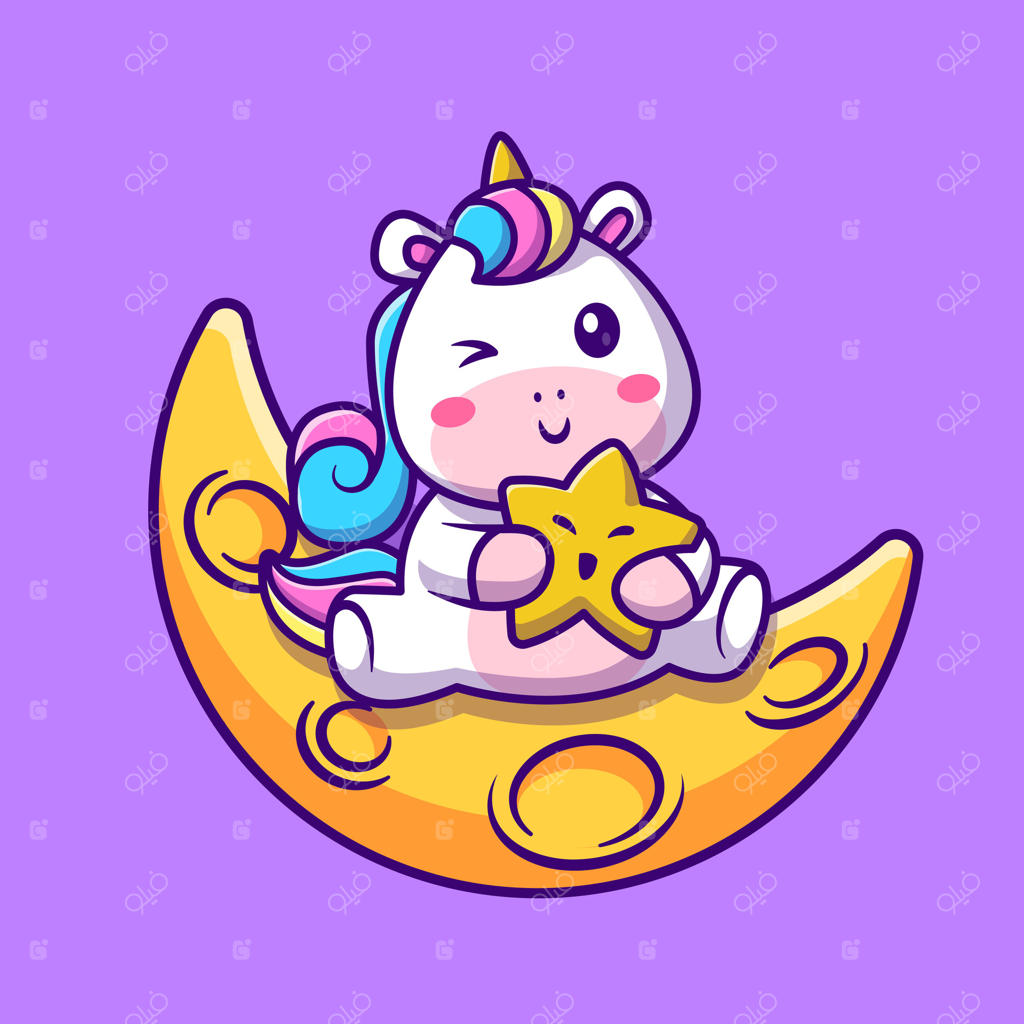 یونیکورن خیالی بر روی ماه هلالی - وکتور حرفه‌ای