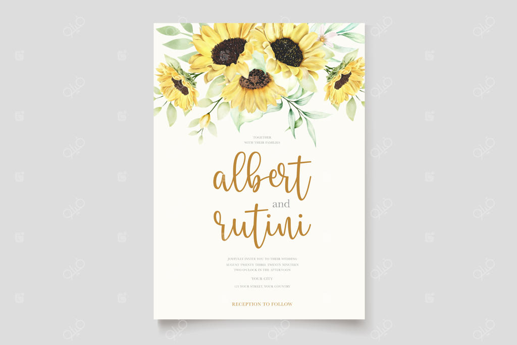 مجموعه کارت دعوت عروسی با گل‌های آفتابگردان آبرنگی