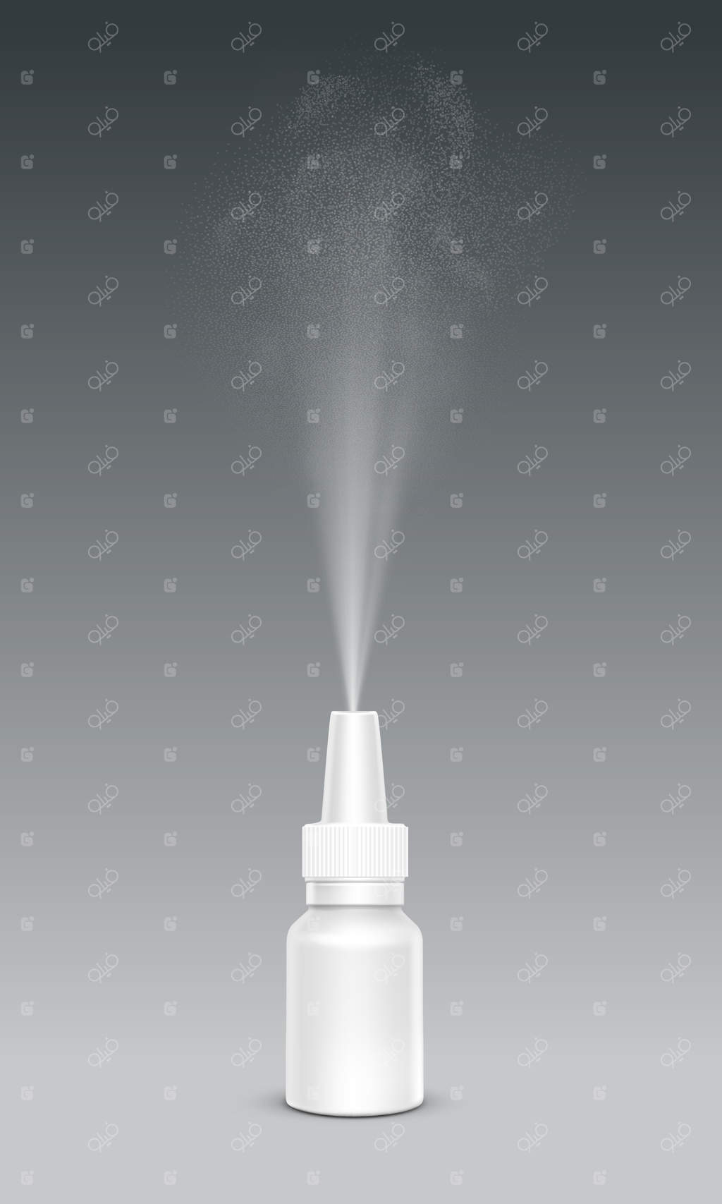 قالب واقع‌گرایانه بطری اسپری بینی پلاستیکی با افشانه مه بر روی زمینه خاکستری