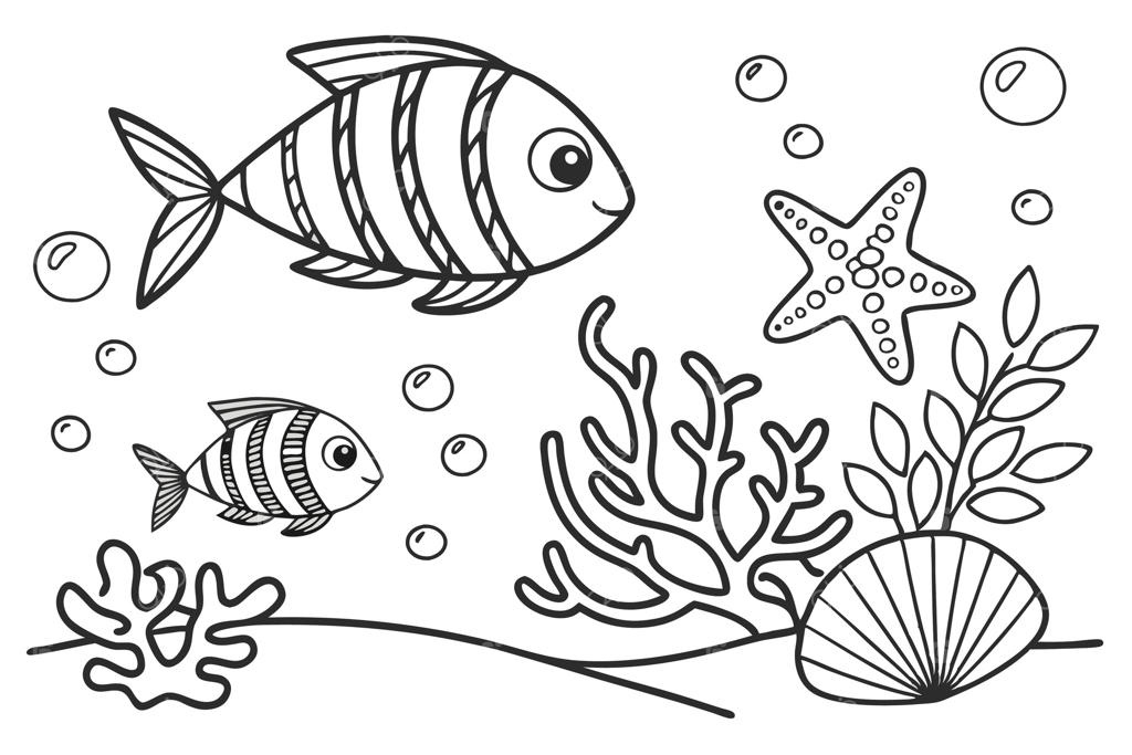صفحه رنگ‌آمیزی زیبا از منظره اقیانوس با ماهی‌های دوستانه، ستاره دریایی و صخره‌های مرجانی