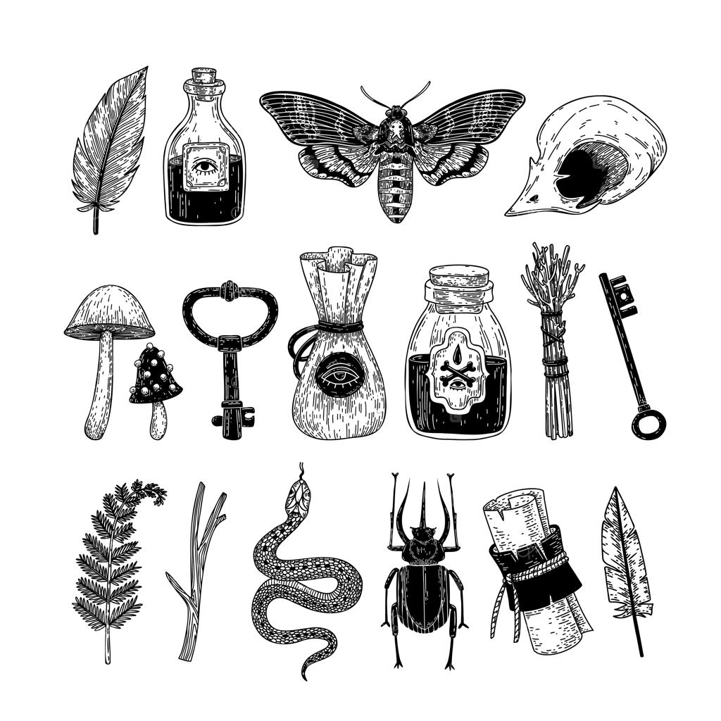 مجموعه وکتور عناصر جادویی و اسرارآمیز به سبک طراحی دستی.