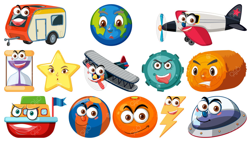 مجموعه‌ای از اشیاء بازی مختلف با صورت‌های خندان