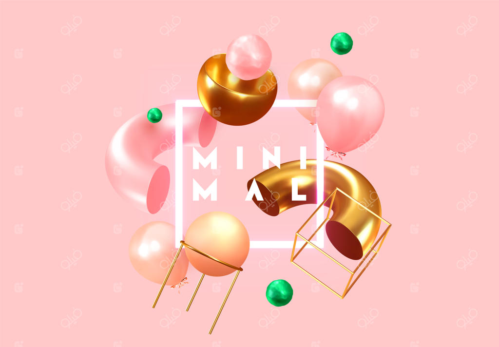 زمینه جشن با بادکنک‌های هلیومی و اشیاء هندسی سه‌بعدی. جشن تولد یا سالگرد خوش یادتون باشه. فضای خالی برای متن. بادکنک‌های وکتور با رنگ صورتی. قالب جلد، بنر و پوستر.