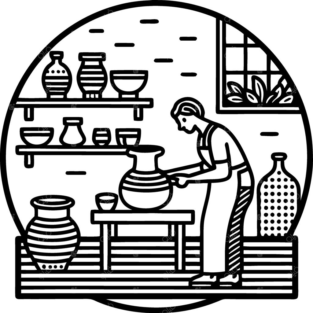 هنرمند سفالگر در حال کار در کارگاه در میان ابزار و ملزومات سفالگری