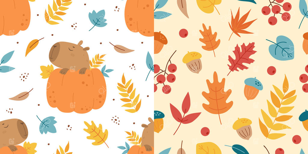 کاپی‌بارا در پترن کدو تنبل و برگ‌های پاییزی