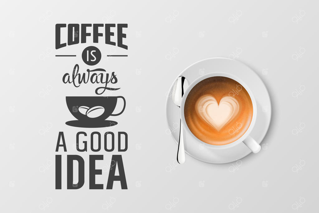 طرح طراحی سه‌بعدی وکتور ماگ فلزی سفید واقع‌گرایانه با فوم قهوه کاپوچینو لاته و جمله‌بندی تایپوگرافی درباره قهوه، نمای بالا