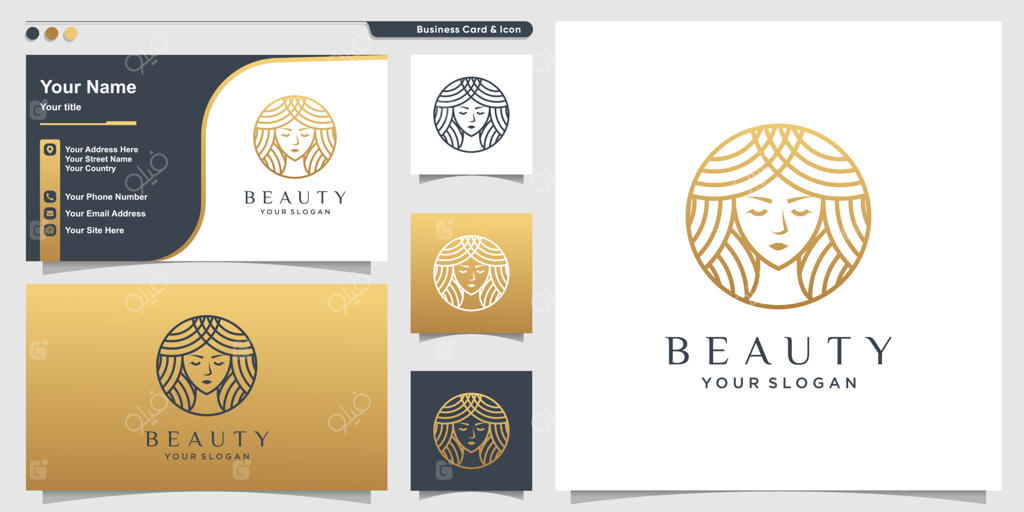 لوگوی زن با ماسک زیبایی طلایی به سبک ماسکوت و طراحی کارت ویزیت - وکتور ویژه
