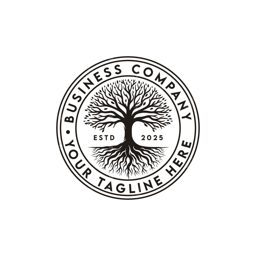 طراحی لوگو، نشان، مهر و برچسب درخت زندگی با ریشه (شامل درختان بلوط، افرا و انجیر معابد)