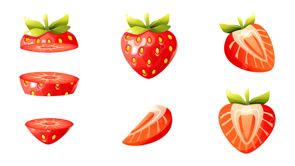 تصاویر زنده توت‌فرنگی و برش‌ها برای طراحی حرفه‌ای وکتور