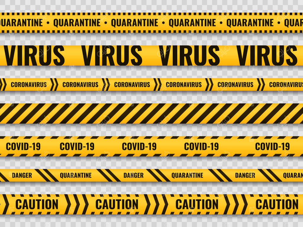 نوارهای قرنطینه: نوارهای هشدار زرد و سیاه، روبان‌های خطر که توجه را جلب می‌کنند، مانع اطلاع‌رسانی ویروس قرنطینه، محدودیت ورود به مناطق ممنوعه - مجموعه‌ای با پس‌زمینه شفاف