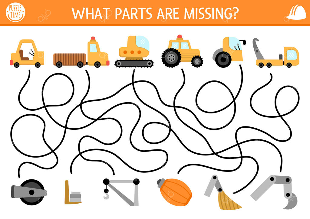 هزار توی سایت ساخت‌وساز برای کودکان با ماشین‌های خاص و قطعات یدکی آن‌ها. کدام قطعات کامیون‌ها گم شده‌اند؟ فعالیت چاپی برای پیش‌دبستانی. بازی پیچ‌در‌پیچ تعمیر و پازل.