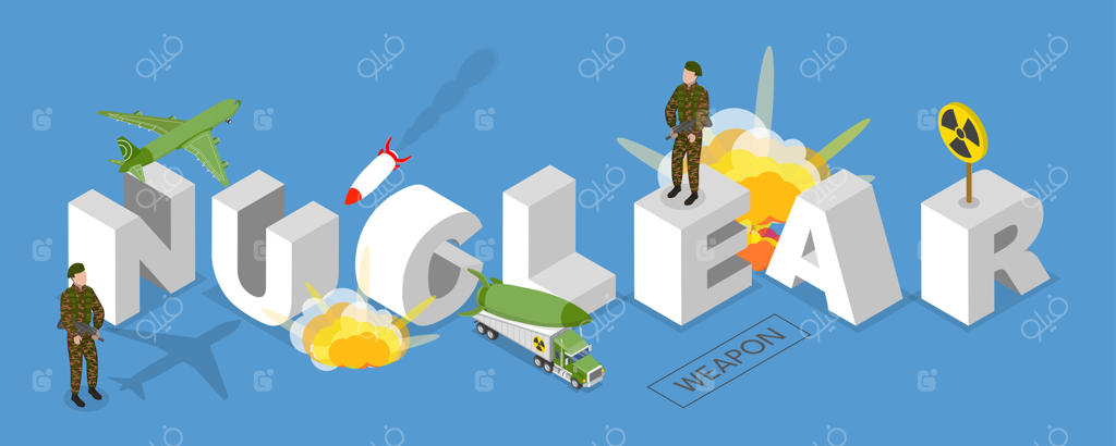 تصویر ایزومتریک سه‌بعدی از سلاح هسته‌ای، همراه با متن و عناصر مرتبط