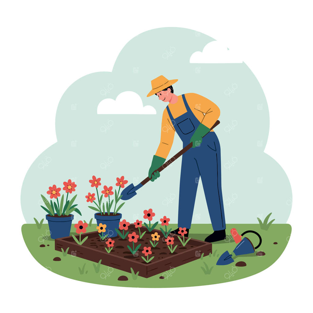 باغبانی با پیراهن و کلاه زرد که در باغی سرسبز به گل‌های رنگارنگ رسیدگی می‌کند، در یک تصویر مینیمال