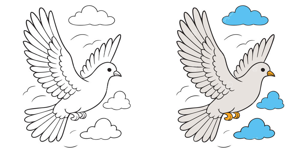 کتاب رنگ آمیزی کودکانه: پرواز کبوتر بامزه در آسمان (قابل چاپ)