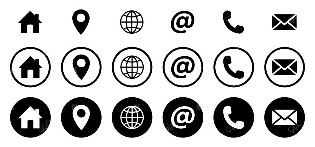مجموعه آیکون‌های تماس و ارتباطات در سه سبک دایره‌ای (توپر، خطی و حاشیه‌دار)؛ وکتور سیاه و سفید شامل خانه، پین نقشه، کره زمین، آت‌ساین، تلفن و ایمیل
