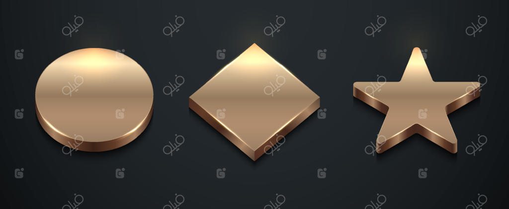 مجموعه‌ای از اشکال سه‌بعدی طلایی دایره، مربع و ستاره در پس‌زمینه مشکی به سبک لوکس